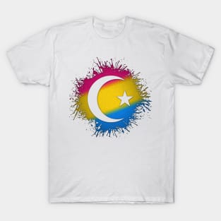 Paint Splatter Pansexual Pride Flag Star and Crescent Symbol T-Shirt